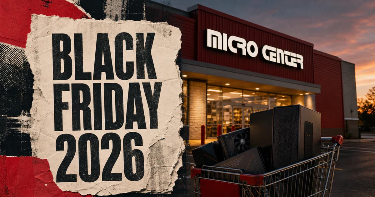 Black Friday 2026 poster beside a red Micro Center store and a cart of generic PC components at dusk