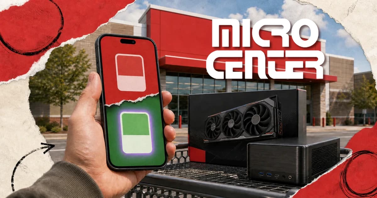 Micro Center wordmark on a red electronics store while a shopper holds a phone with unavailable and available indicators beside graphics-card and mini-PC boxes