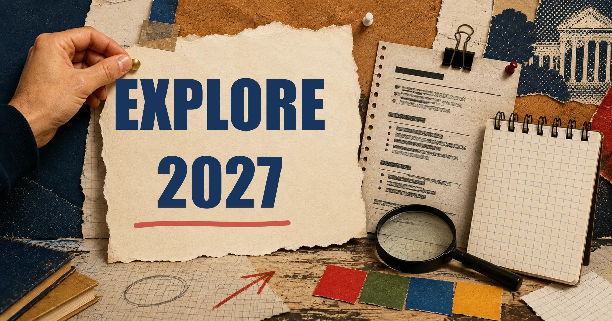 Explore 2027 printed on a torn internship notice beside a resume, blank calendar, magnifying glass, and four Microsoft-color paper tiles