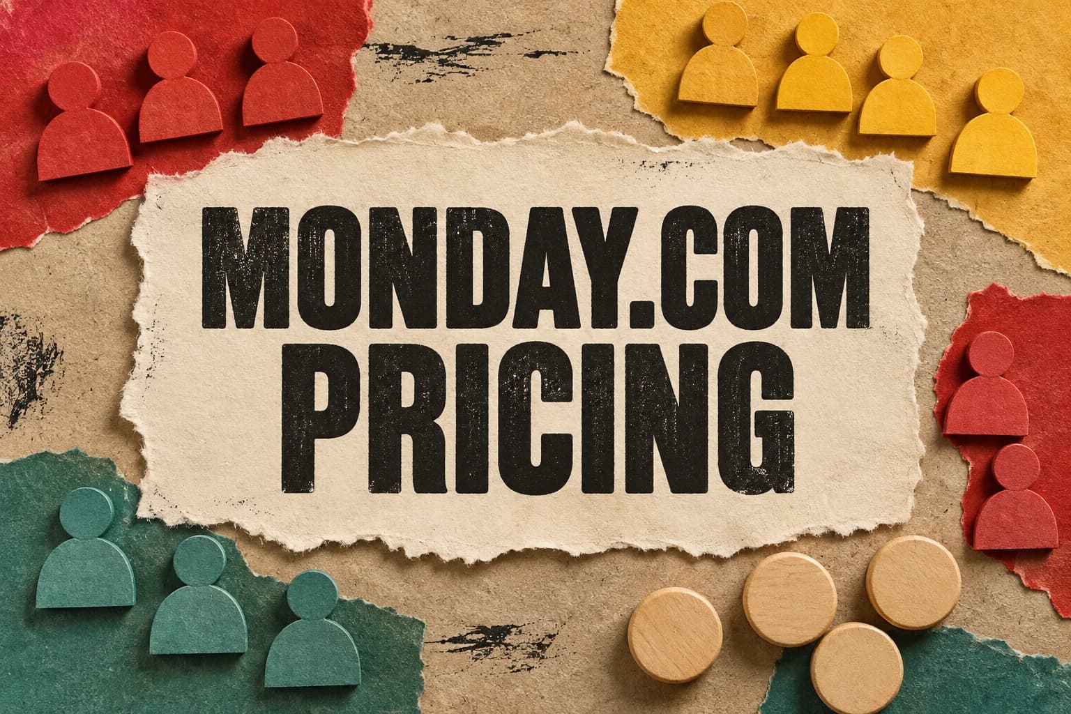 MONDAY.COM PRICING in black letters on cream paper surrounded by colorful paper people and wooden credit tokens