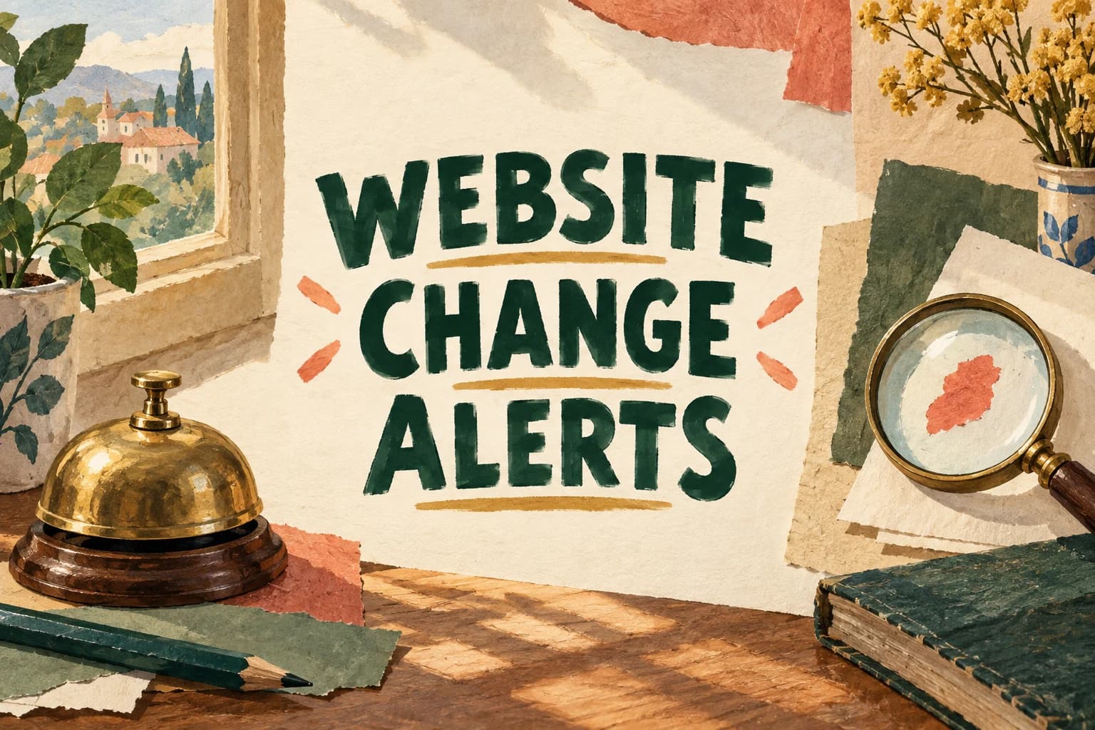 WEBSITE CHANGE ALERTS in large green lettering beside a brass bell and magnifying glass