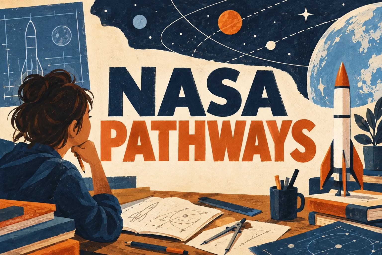 NASA PATHWAYS in large central lettering beside an illustrated student and unbranded rocket model