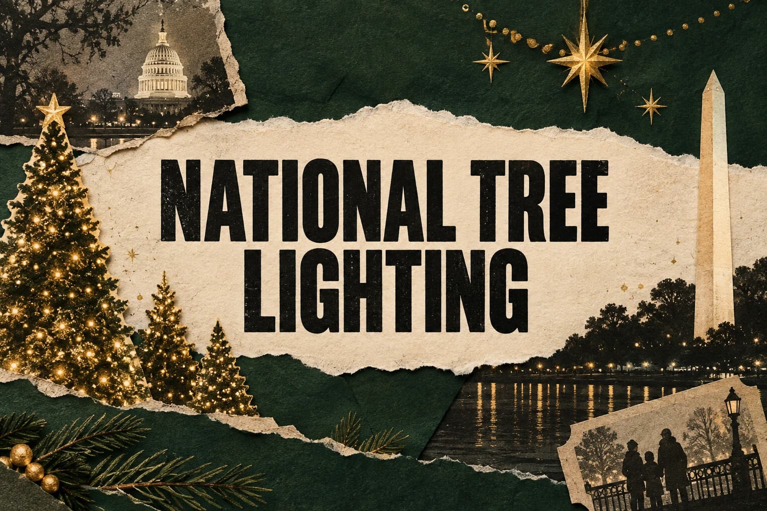 National Tree Lighting in bold letters on cream paper with illuminated trees and Washington landmarks