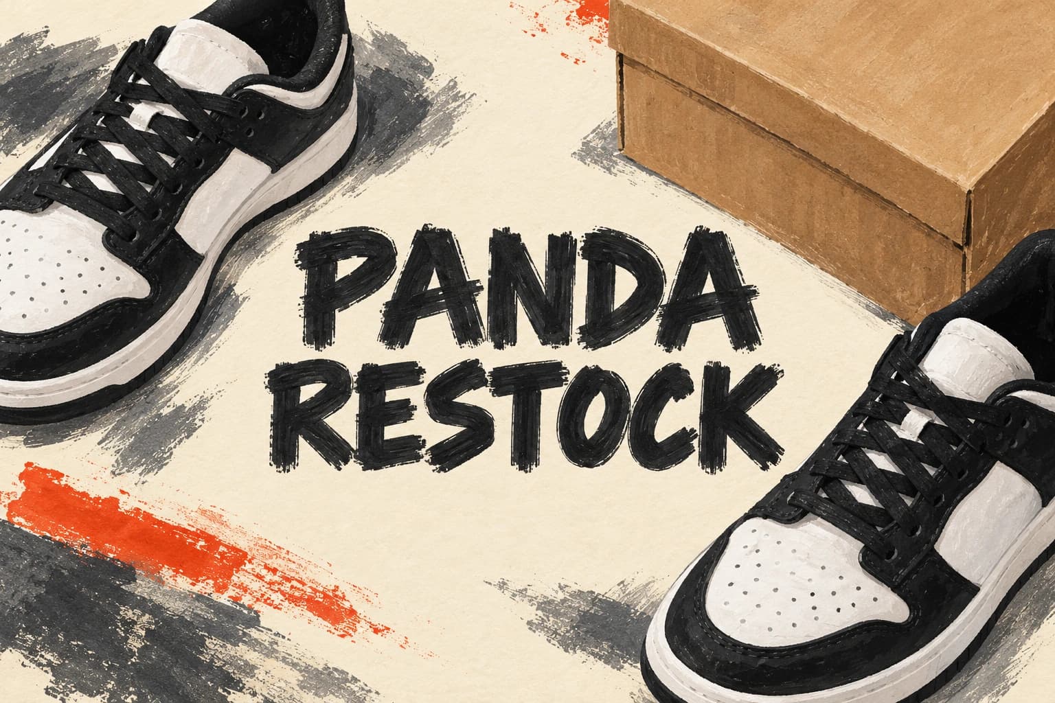 PANDA RESTOCK in charcoal lettering beside original unbranded black-and-white sneakers