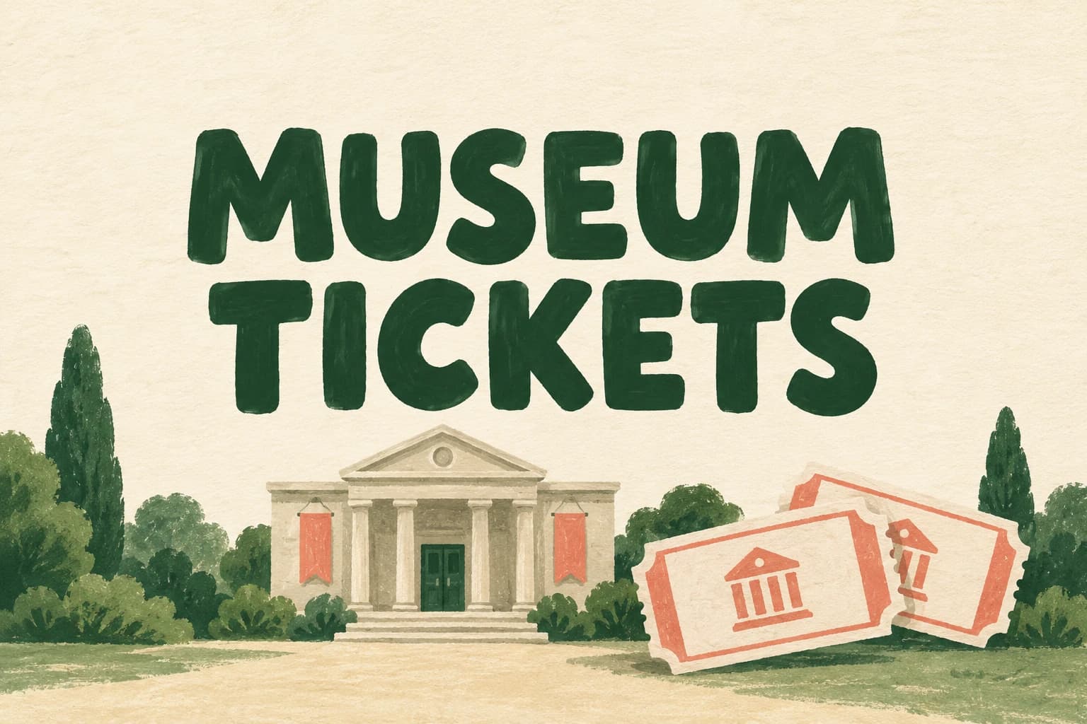 MUSEUM TICKETS in large forest-green lettering above an original museum and paper tickets