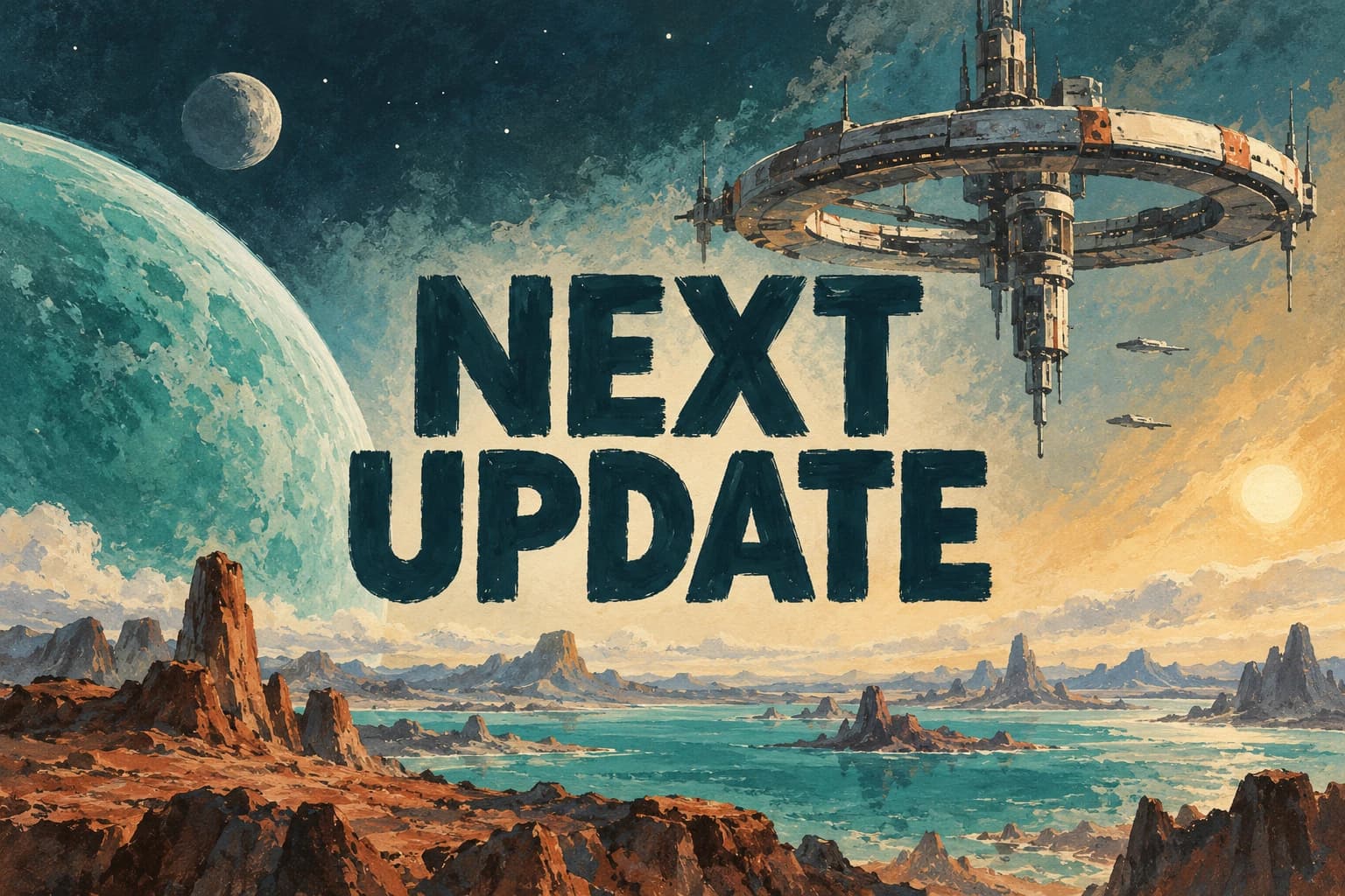 NEXT UPDATE in large dark teal lettering above an original orbital station and alien landscape