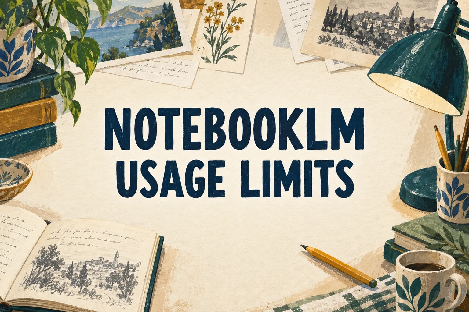 NOTEBOOKLM USAGE LIMITS in navy painted letters framed by books, notes and a teal desk lamp