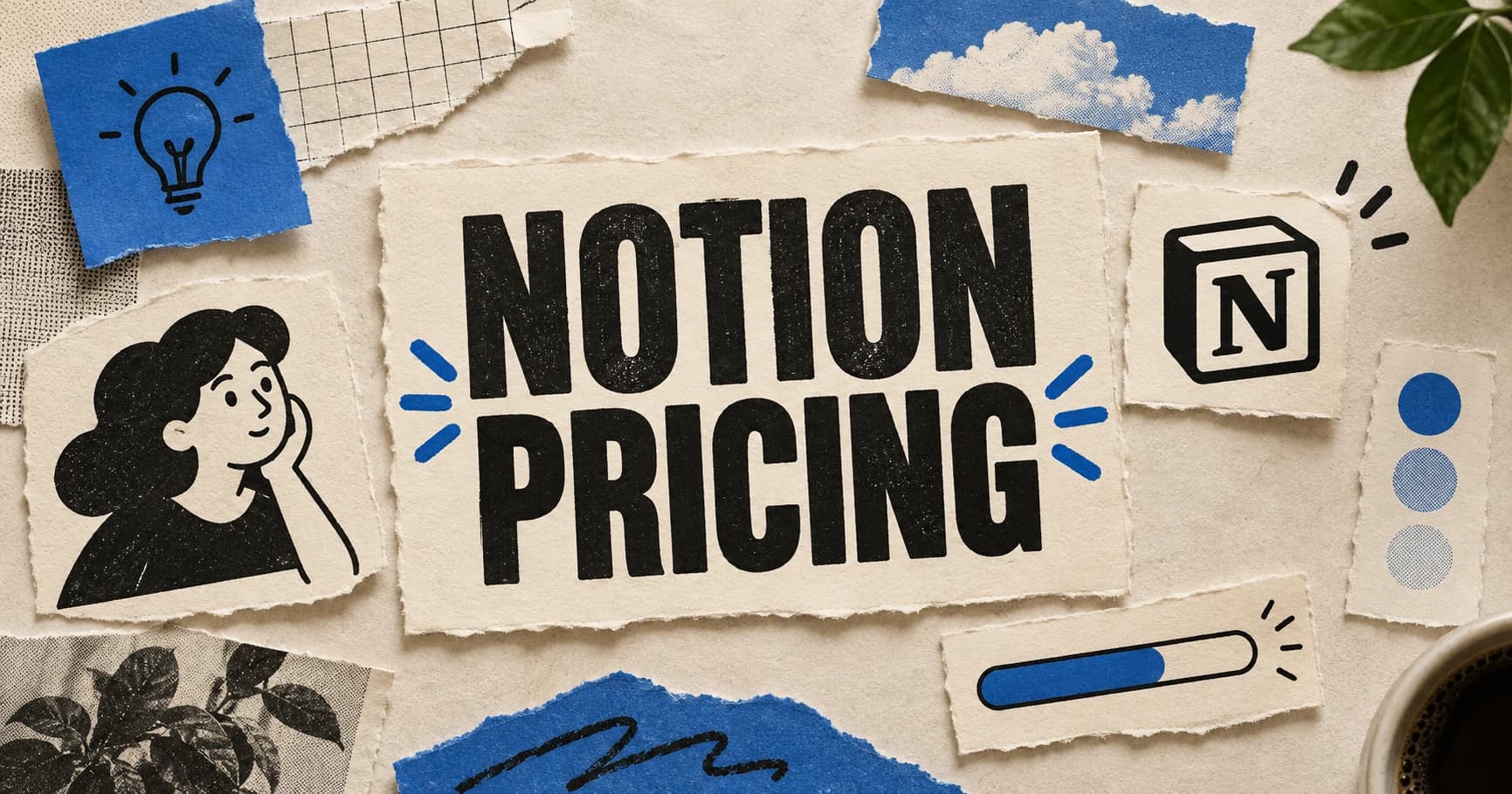 Notion Pricing printed on torn cream paper beside a Notion cube, workspace collaborator, blue plan slips, and a credit meter