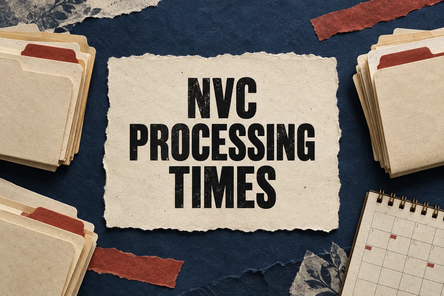 NVC Processing Times in bold letters on cream paper surrounded by plain folders and a calendar
