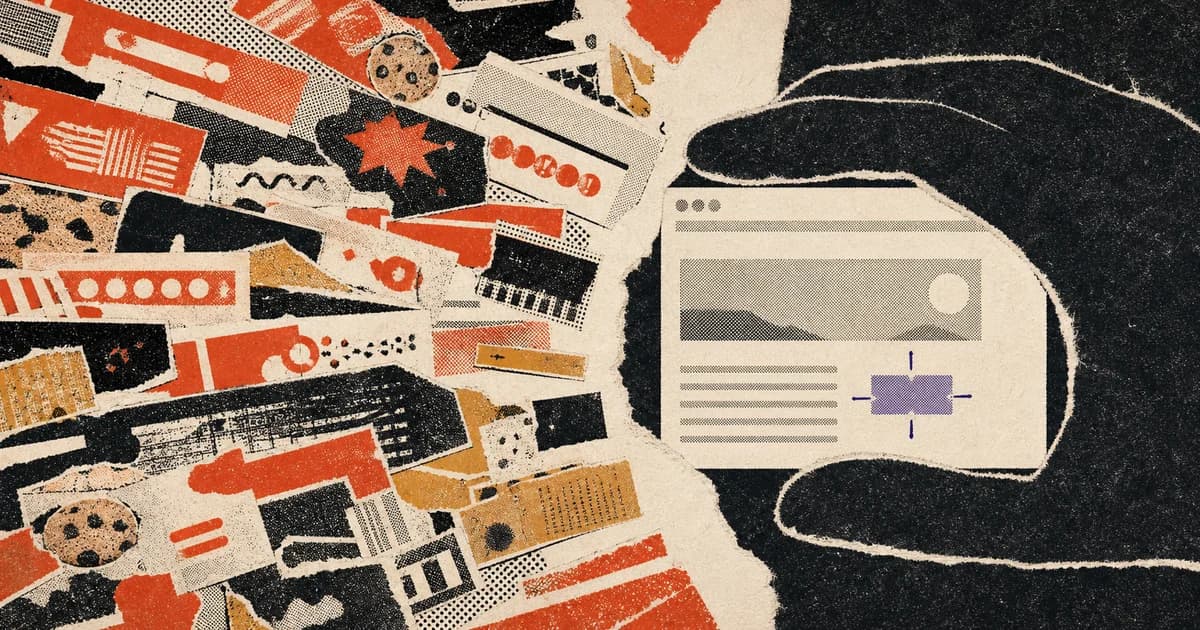 Risograph collage separating noisy webpage fragments from one genuine change