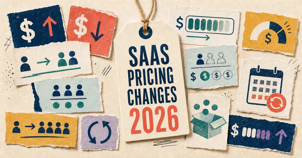 SaaS Pricing Changes 2026 headline surrounded by torn-paper price, usage, seat, and renewal symbols