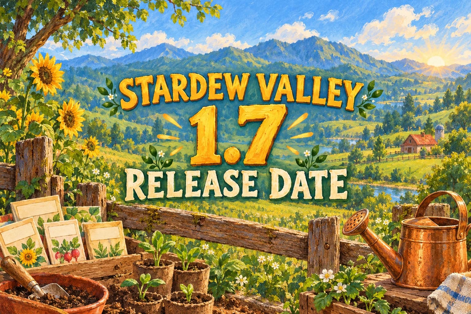 STARDEW VALLEY 1.7 RELEASE DATE above an original painted farming scene