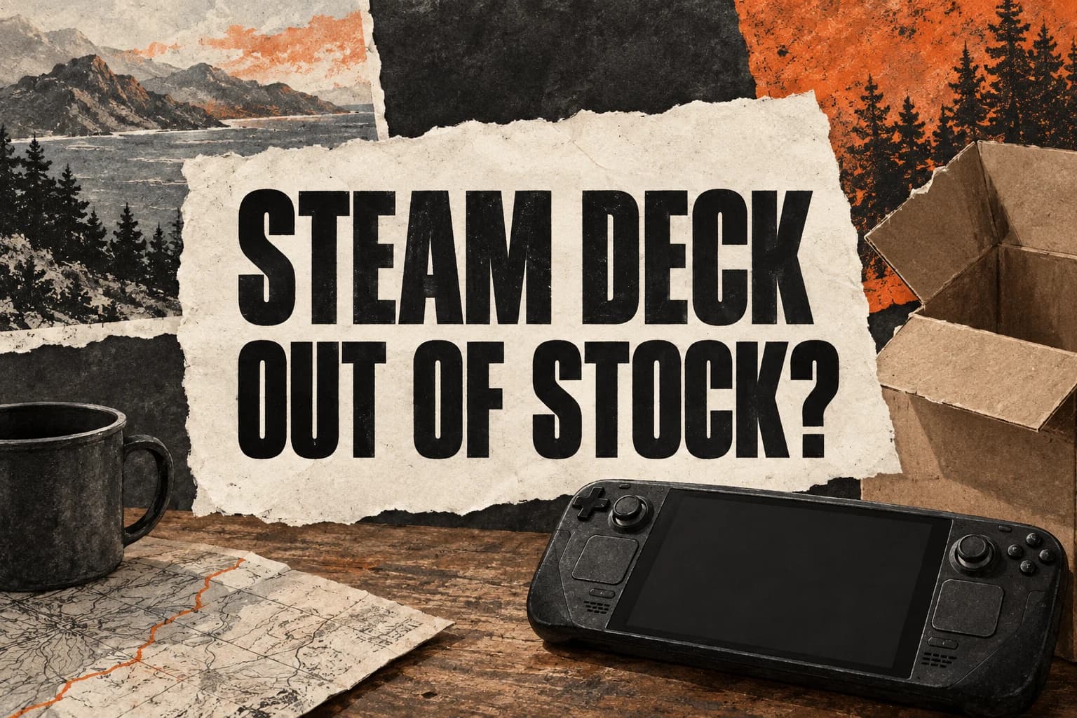 STEAM DECK OUT OF STOCK in bold central lettering beside a handheld console and empty shipping box