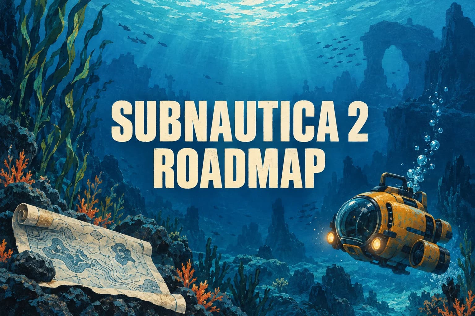 SUBNAUTICA 2 ROADMAP in cream lettering above a painted research submersible and paper chart
