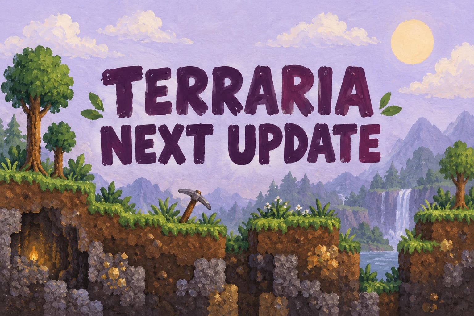 TERRARIA NEXT UPDATE above painted earth blocks, grass and an unbranded pickaxe