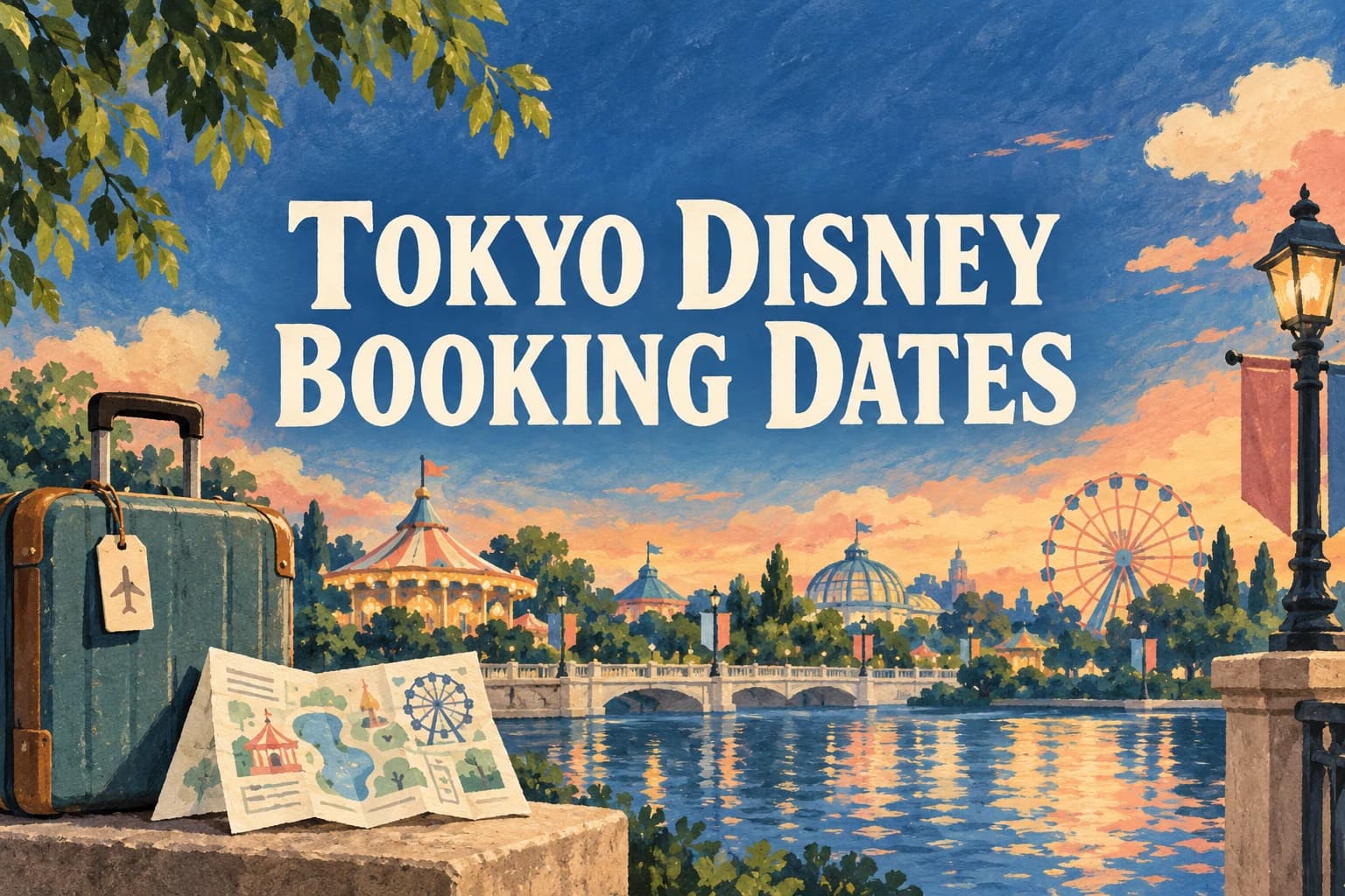 TOKYO DISNEY BOOKING DATES in cream lettering above an illustrated suitcase and generic amusement park