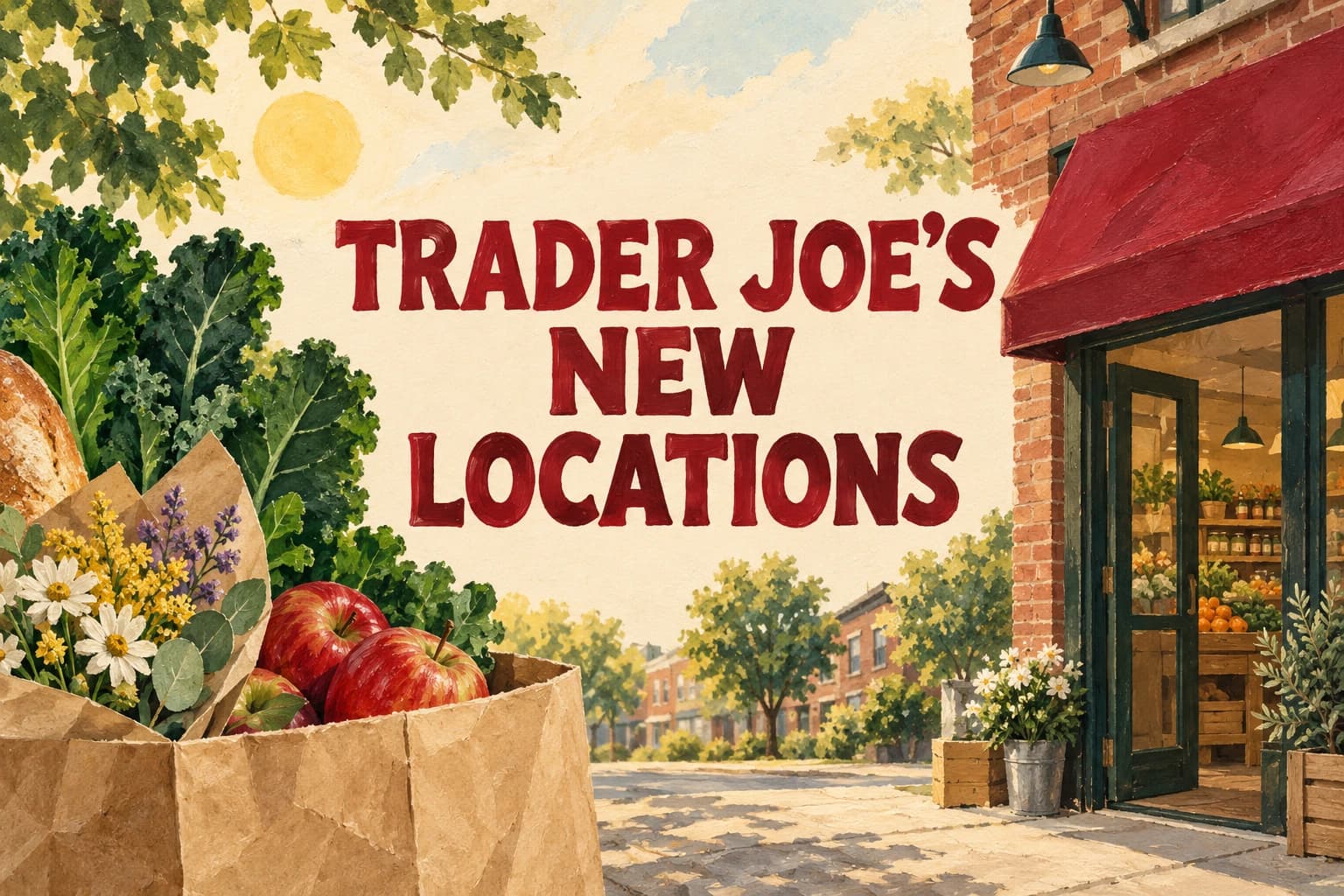 Painted neighborhood grocery scene with the words Trader Joe’s New Locations