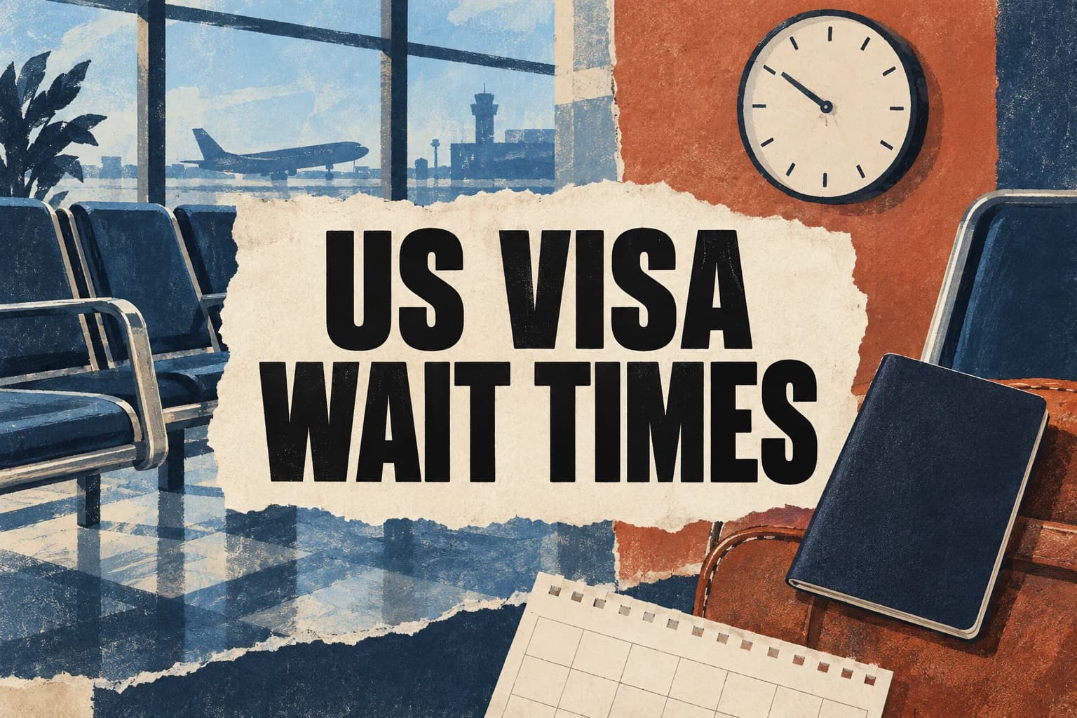 US VISA WAIT TIMES in large central lettering over an illustrated airport waiting room