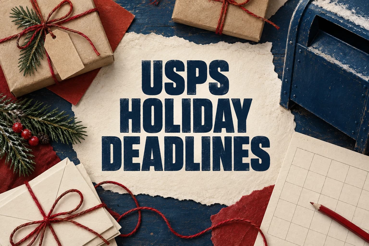 USPS HOLIDAY DEADLINES in large navy lettering among painted parcels and a calendar