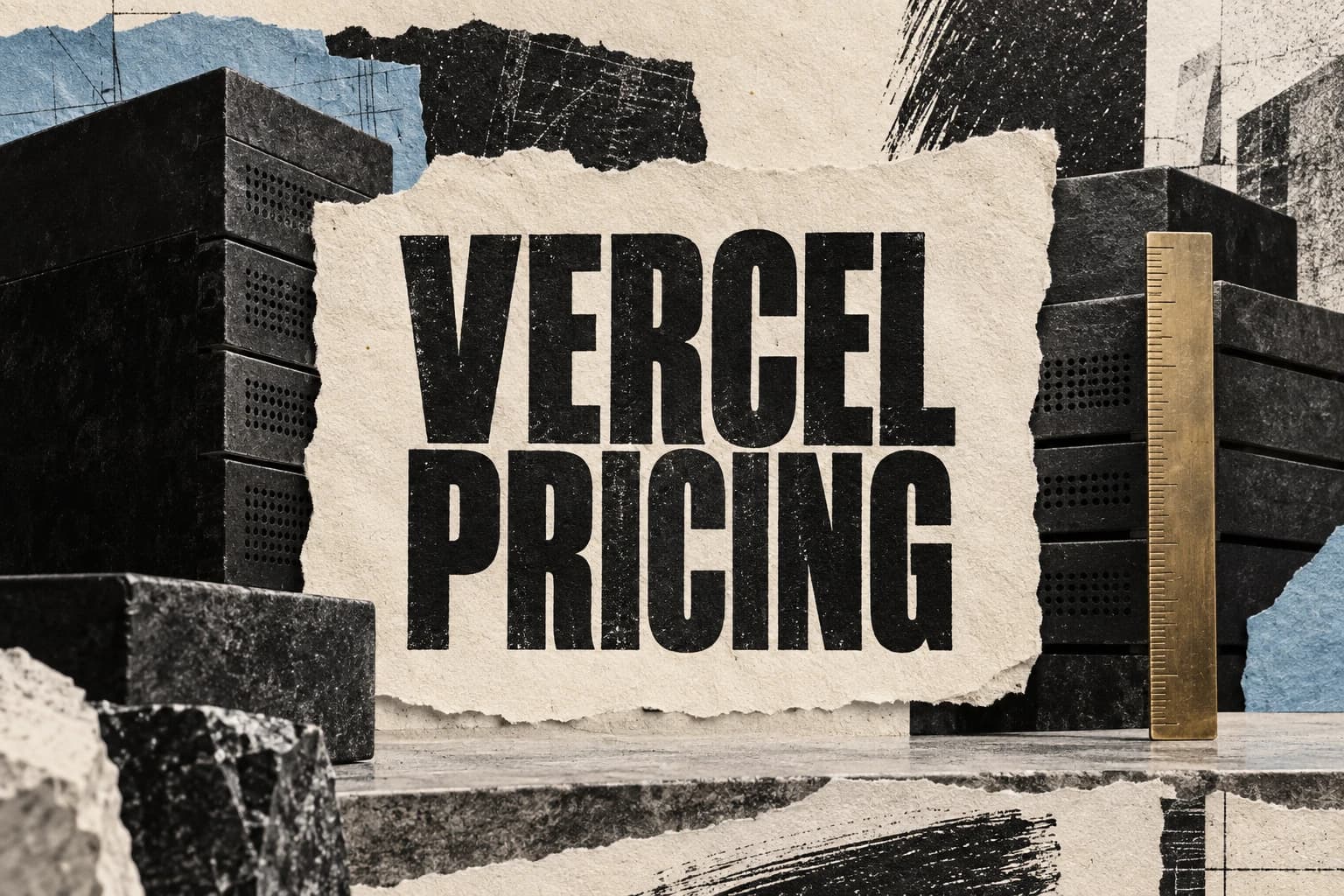 VERCEL PRICING on central cream paper surrounded by black server blocks and a brass measuring ruler