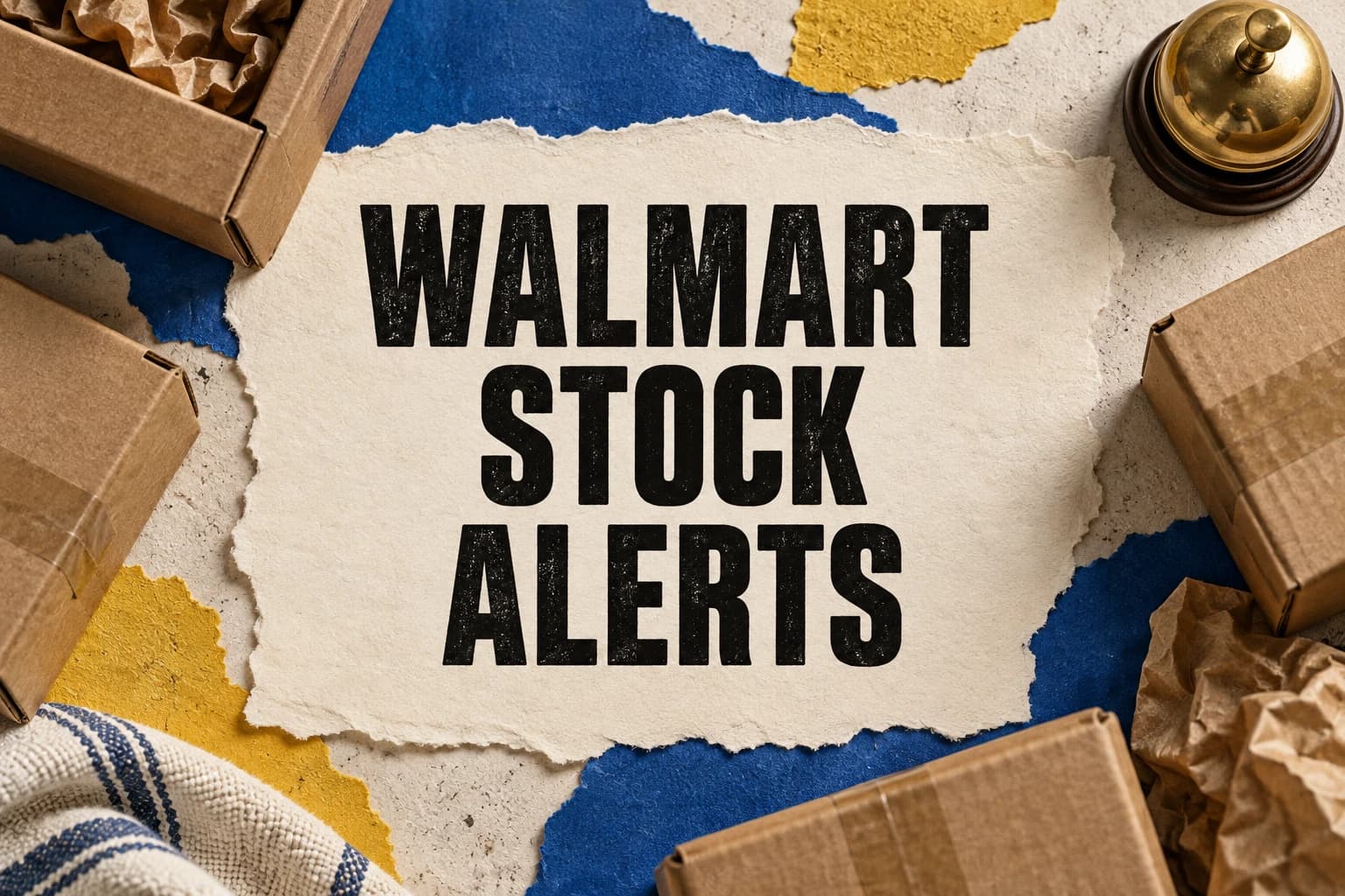 Walmart Stock Alerts in large black letters on cream paper surrounded by parcels and a brass bell