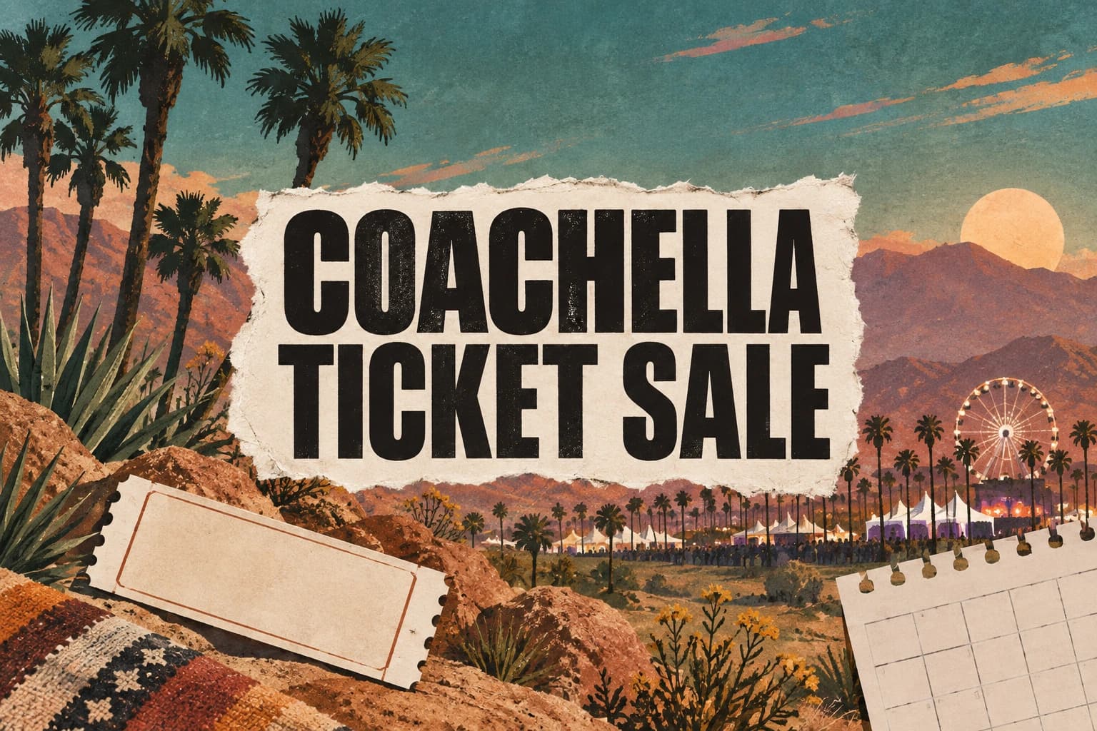 COACHELLA TICKET SALE in bold black lettering over a tactile desert festival landscape