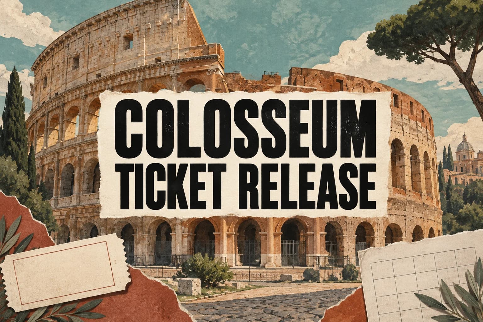 COLOSSEUM TICKET RELEASE in large black lettering over a warm architectural paper collage