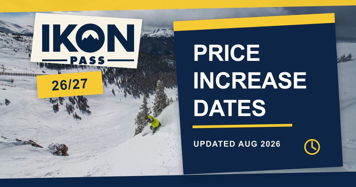 Official Ikon Pass wordmark beside a mountain scene and the headline Price Increase Dates for the 2026–27 season