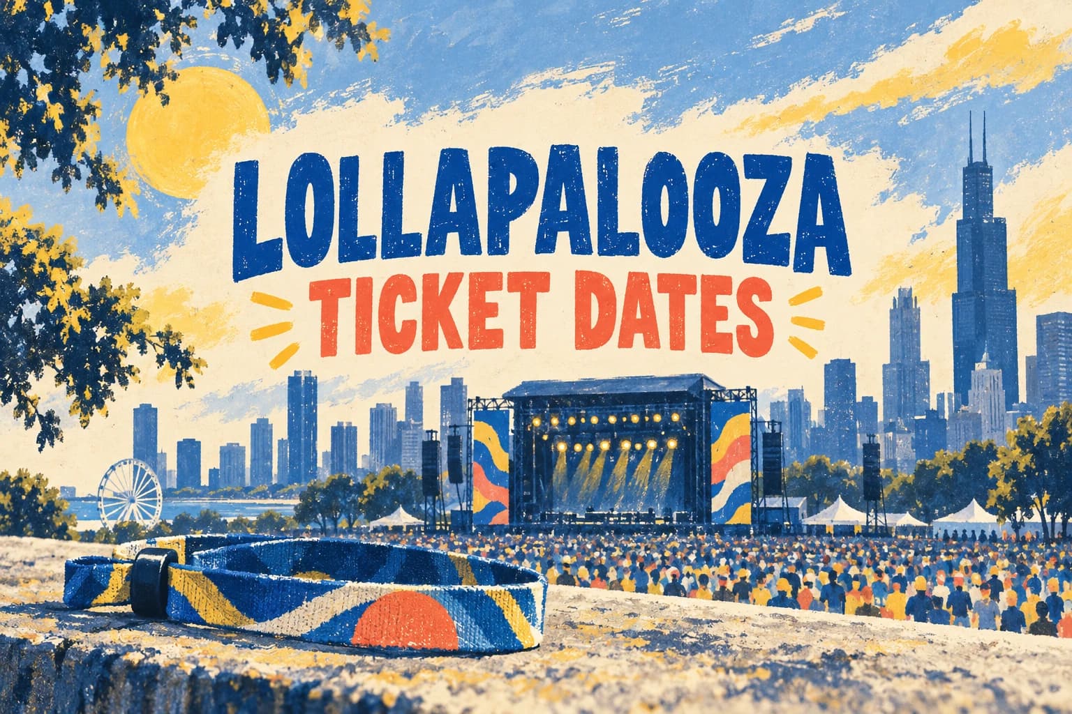LOLLAPALOOZA TICKET DATES in large navy lettering over a painted Chicago festival scene