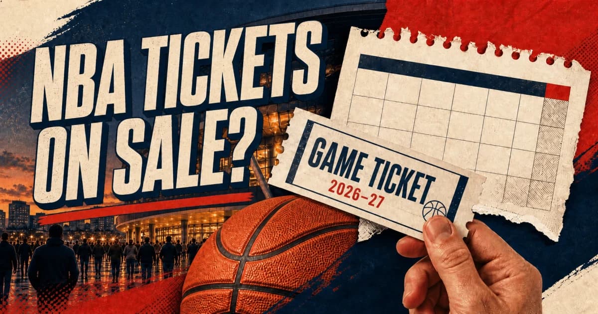 NBA Tickets On Sale headline beside a basketball arena, ball, printed game ticket for 2026–27, and torn calendar in a tactile editorial collage