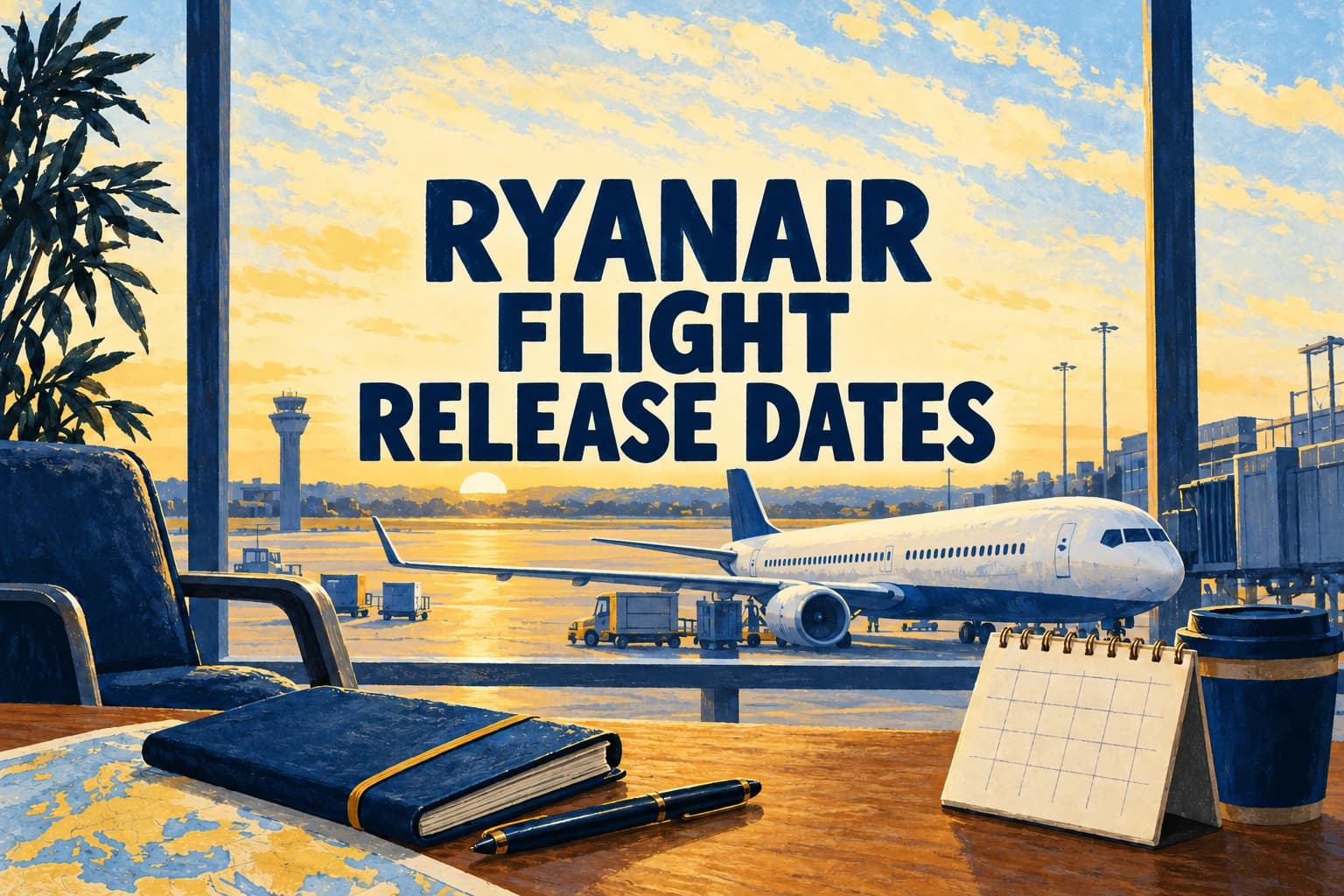 RYANAIR FLIGHT RELEASE DATES over a painted navy and yellow airport departure scene