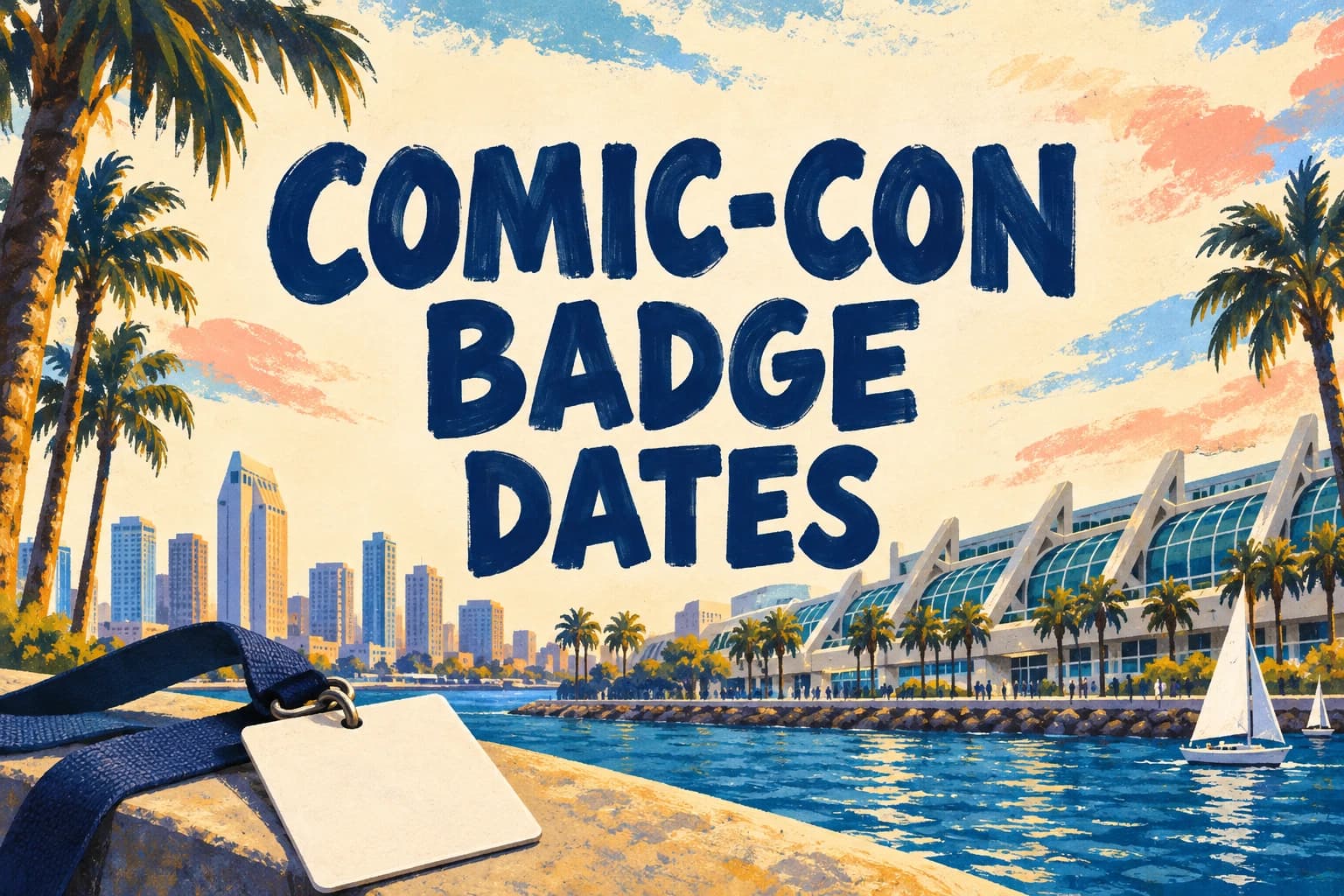 COMIC-CON BADGE DATES in painted navy letters above a San Diego waterfront scene and unbranded lanyard