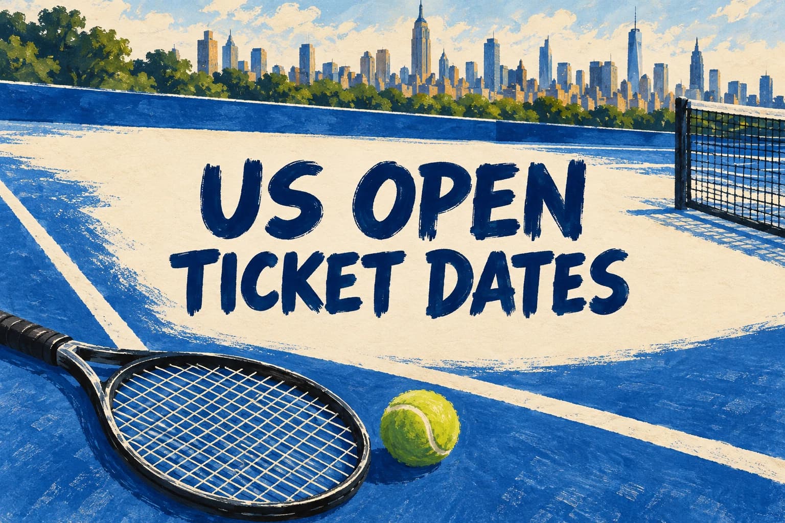 US OPEN TICKET DATES in navy painted letters above an unbranded tennis court, racket and ball