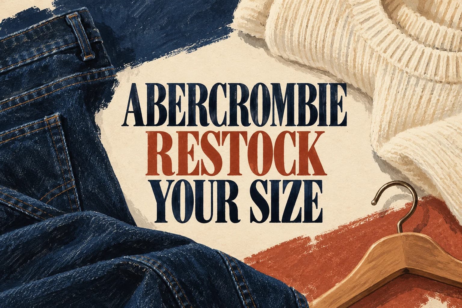 ABERCROMBIE RESTOCK YOUR SIZE over an original navy clothing illustration