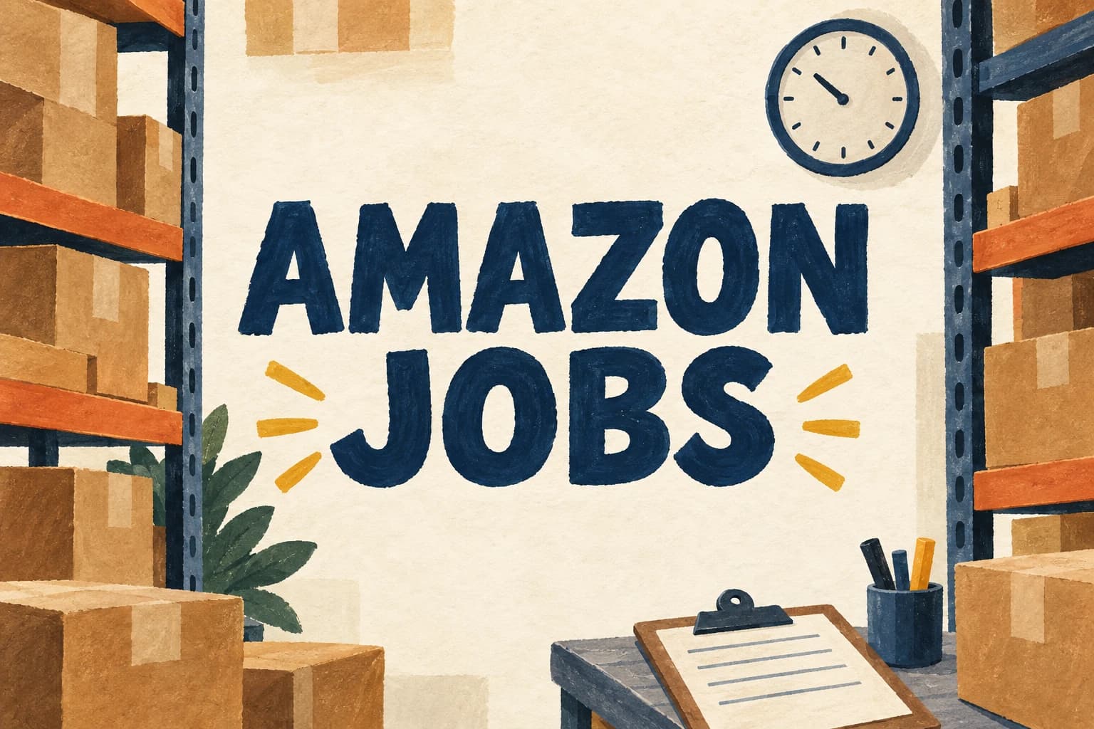 AMAZON JOBS in large navy letters surrounded by unbranded warehouse shelves and parcels