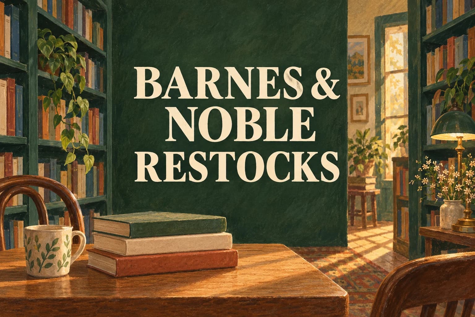 BARNES & NOBLE RESTOCKS in cream lettering between painted bookshop shelves