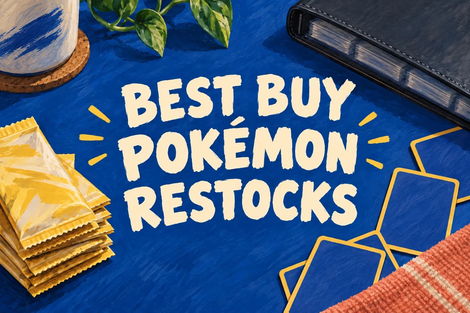 BEST BUY POKÉMON RESTOCKS painted above unbranded card packs and a collector binder