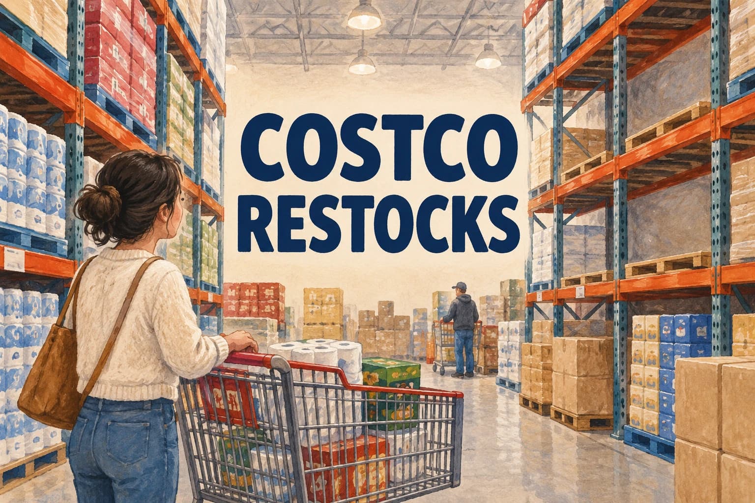 COSTCO RESTOCKS in navy lettering above a painted shopping cart in a warehouse aisle