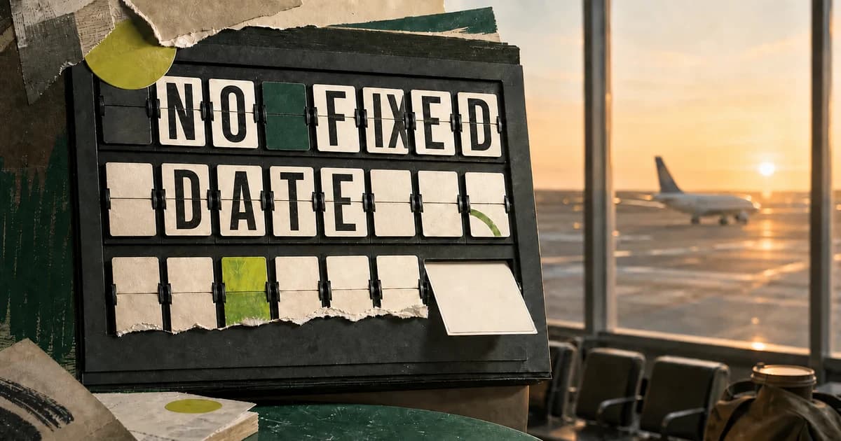 Tactile airport departure board spelling No Fixed Date beside a plane at sunset