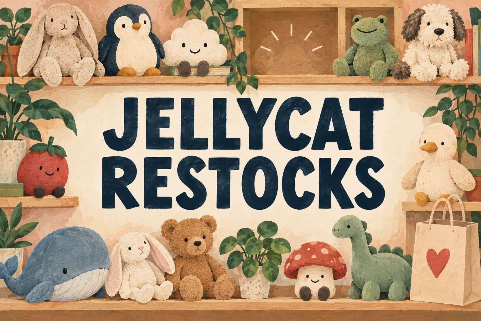 JELLYCAT RESTOCKS in large navy lettering surrounded by painted soft toys and an empty shelf space