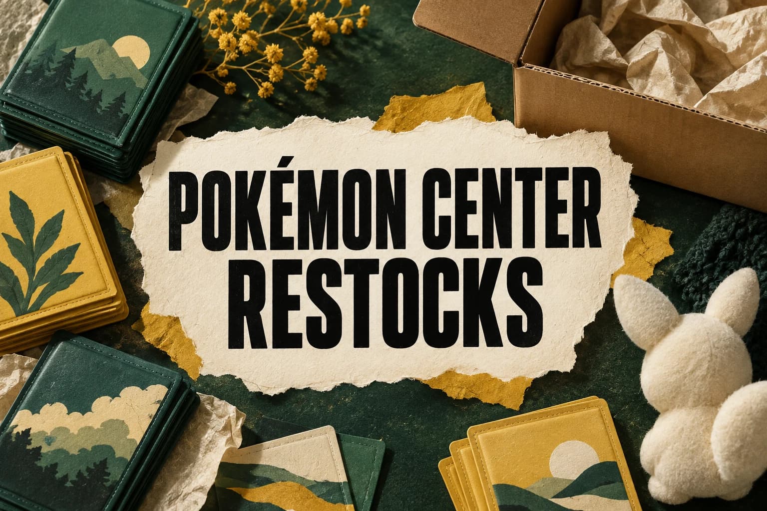 POKÉMON CENTER RESTOCKS in large central lettering beside card sleeves, a plush and an open parcel