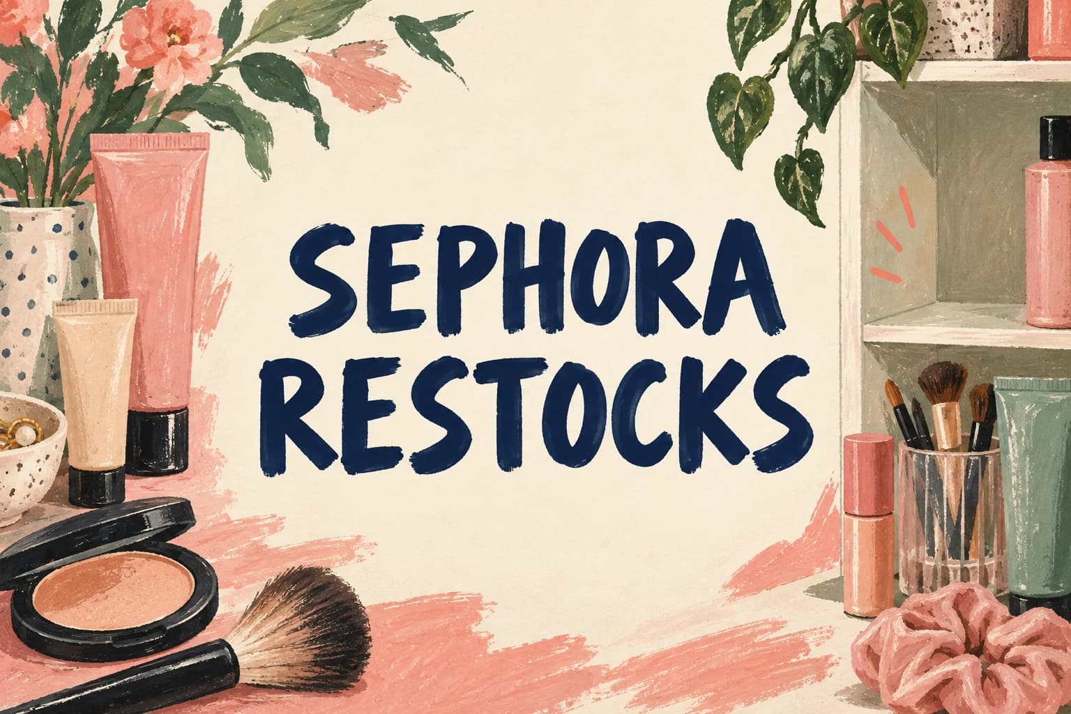SEPHORA RESTOCKS in large navy painted letters framed by unbranded cosmetics and an empty shelf