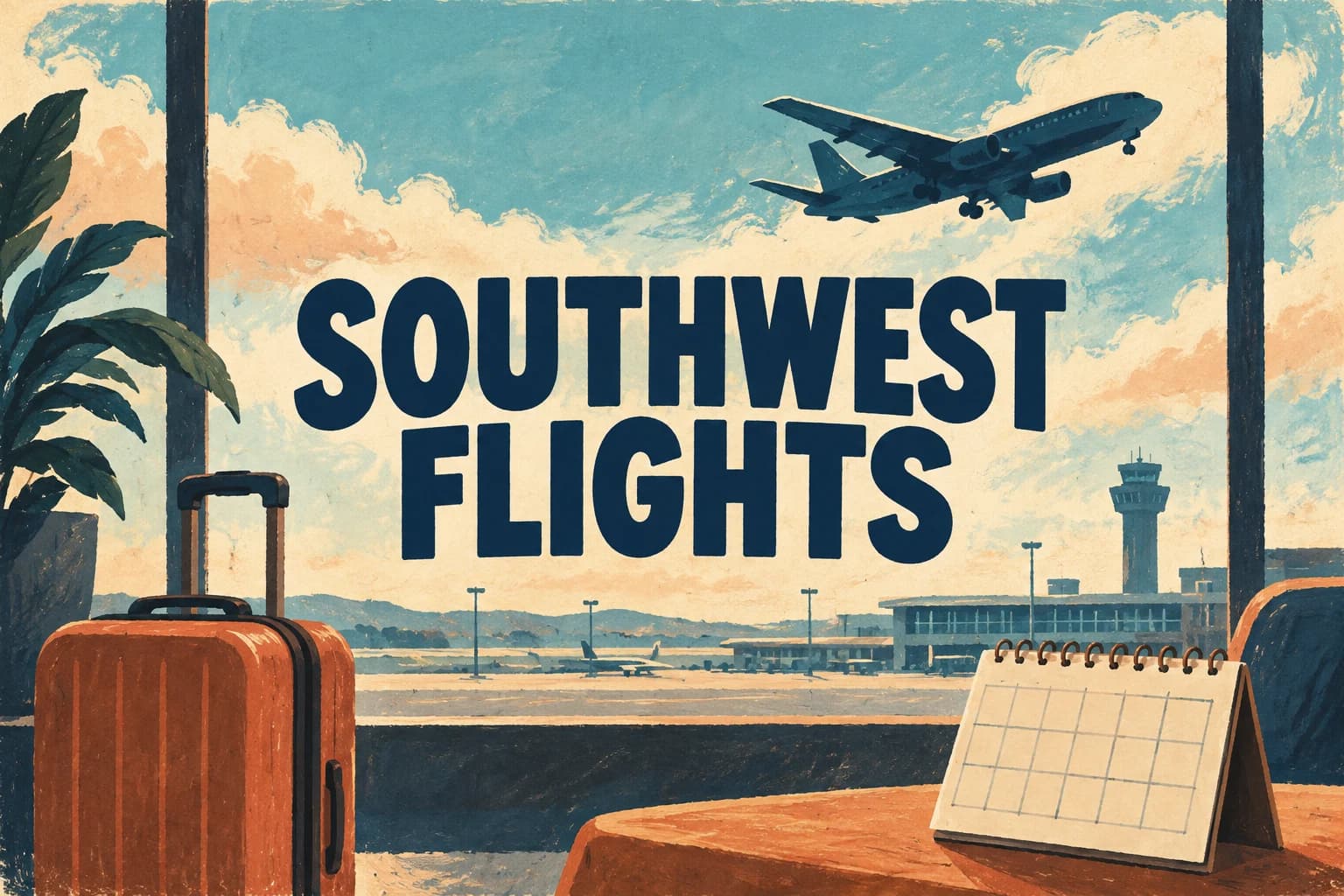 SOUTHWEST FLIGHTS in large navy letters above an unbranded airport, suitcase and calendar