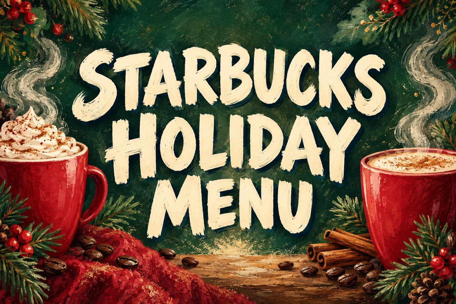 STARBUCKS HOLIDAY MENU in cream brush lettering between unbranded red coffee cups and fir sprigs