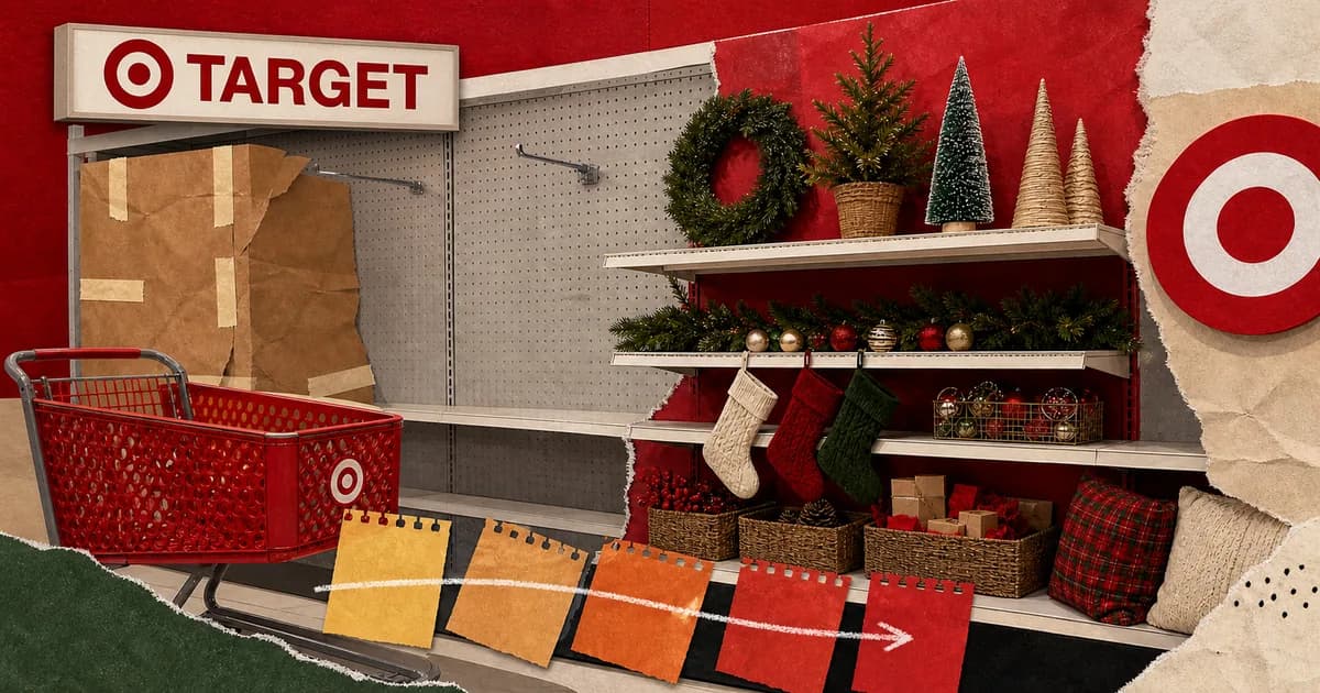 Target store shelf shifting from an empty seasonal display into Christmas decor beneath a bullseye and TARGET sign in a tactile editorial collage