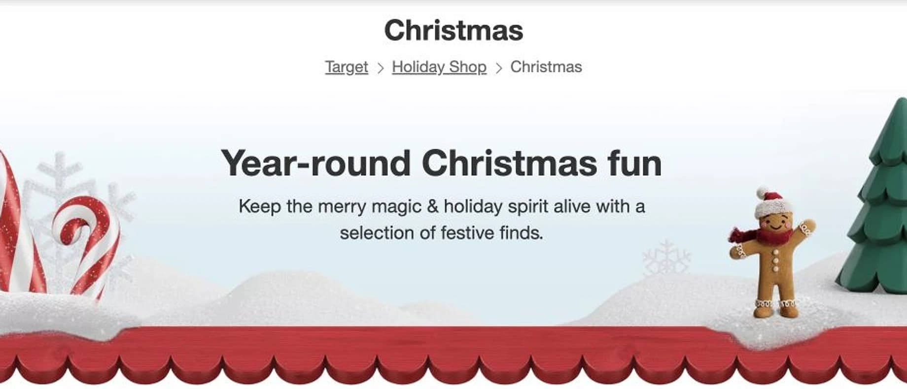 Tight crop of Target's Christmas hub showing the Christmas breadcrumb and Year-round Christmas fun feature