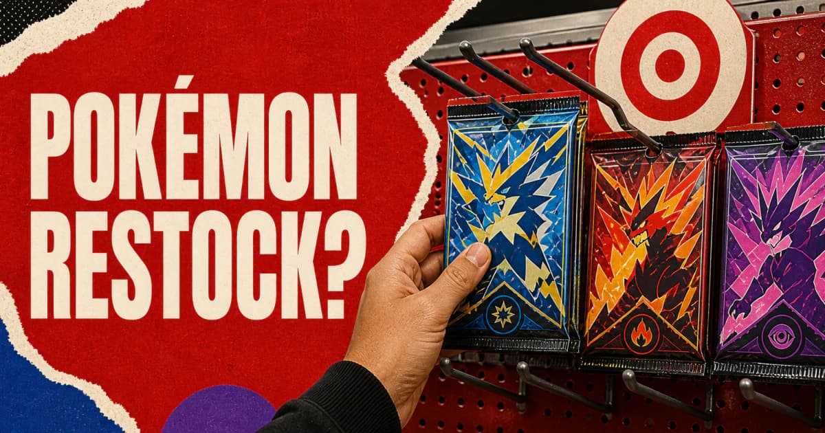 Target-red trading-card endcap with a hand placing a generic booster pack, a bullseye sign, and the words POKÉMON RESTOCK?