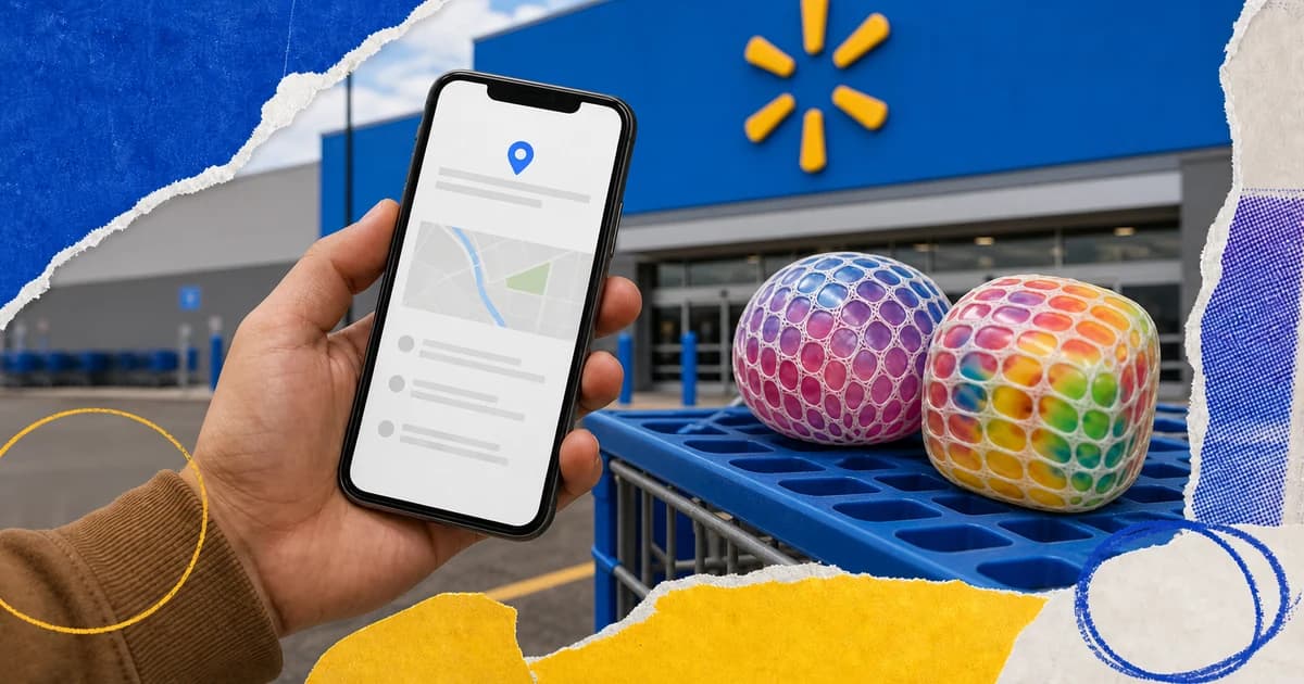 Shopper checking a phone beside colorful sensory squish toys outside a Walmart-blue storefront with the yellow Spark symbol