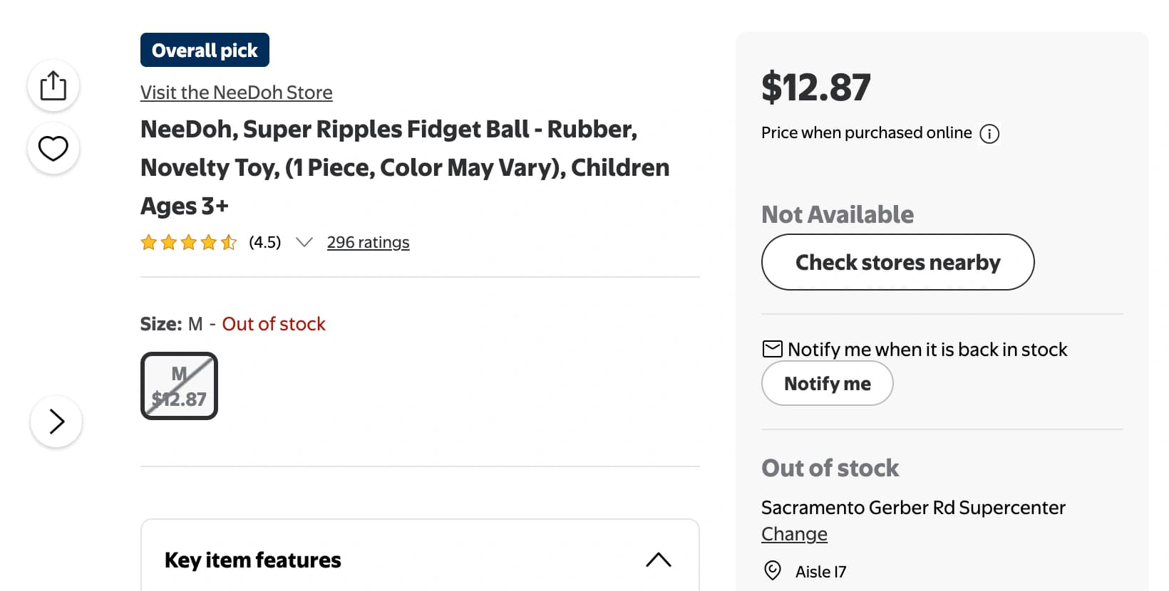 Walmart Super Ripples page showing Notify me, Out of stock, Sacramento Gerber Road Supercenter, Aisle I7, and Check stores nearby