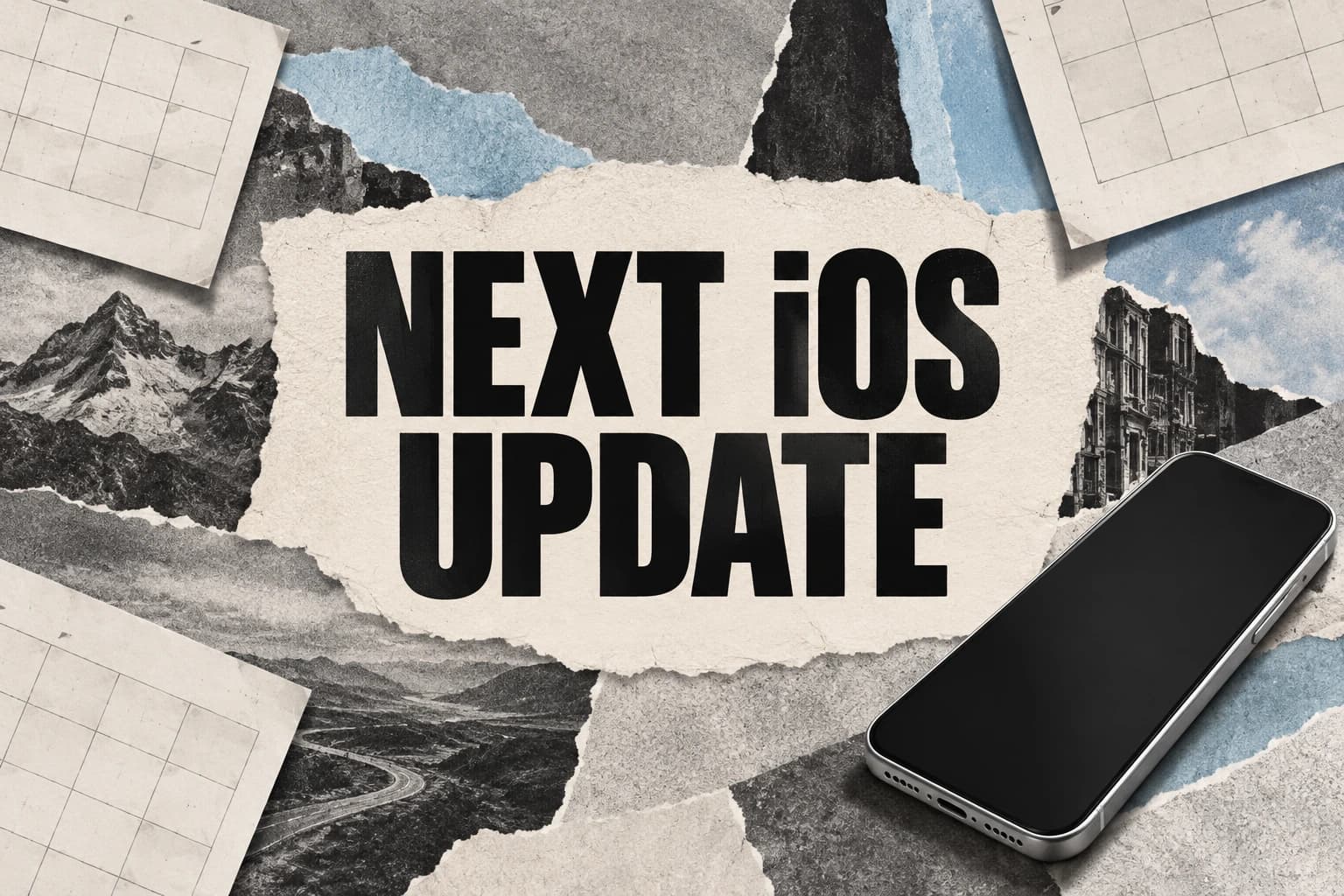 NEXT iOS UPDATE in large black lettering among paper calendars and a blank smartphone